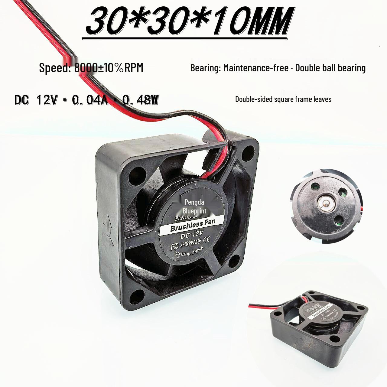 

New 3010 Double Ball Bearing 3CM Silent 12V 0.04A 30x10MM Display Motherboard Cooling Fan 2.54 Positive Terminal Plug with 9CM Wire