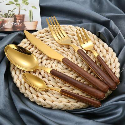 Stainless Steel Cutlery Set with Imitation Wooden Handles: Knife, Fork & Spoon - Retro Style for Western Dining.