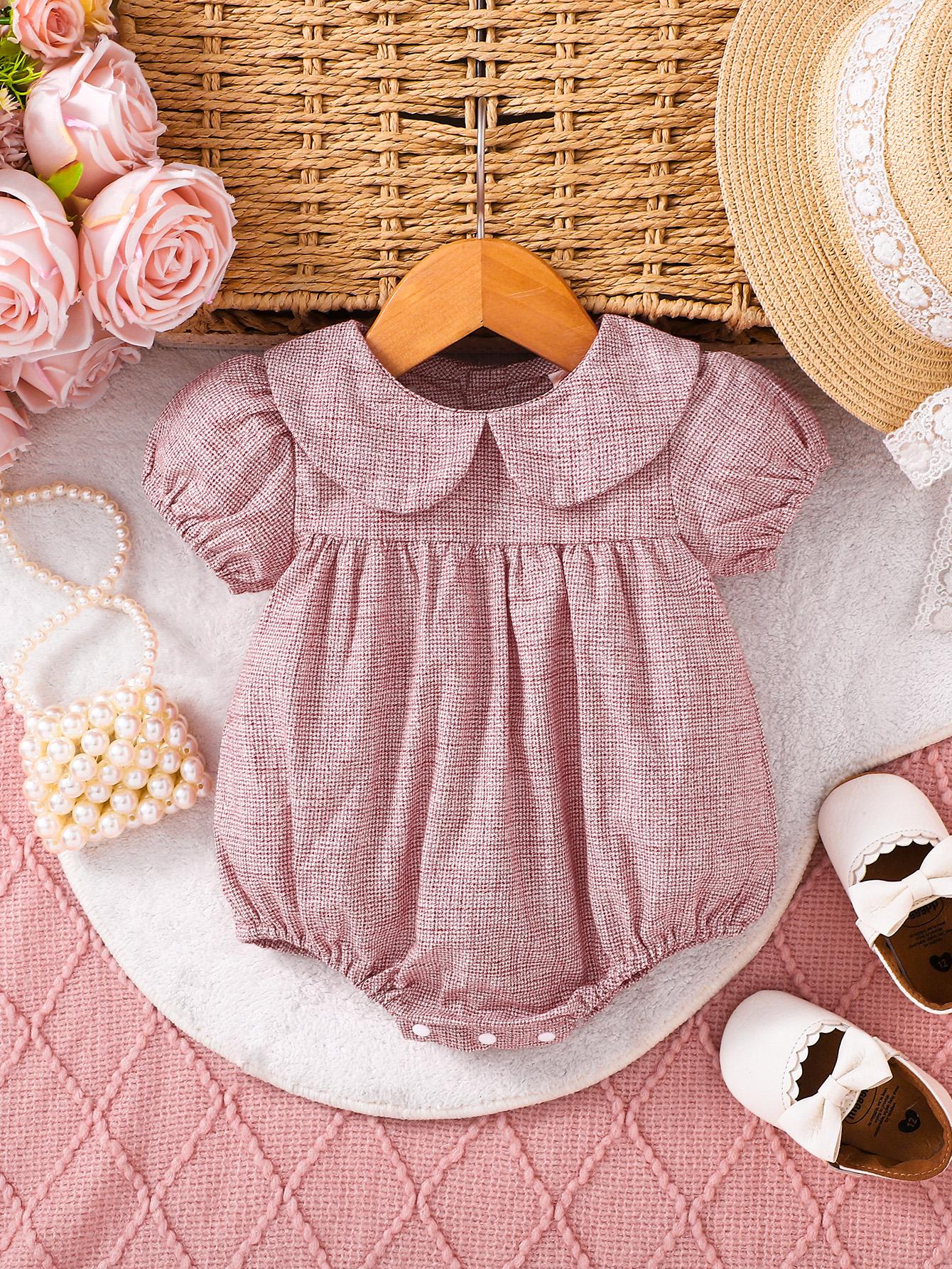 

Baby Girl Summer Romper, Dusty Pink Plaid Peter Pan Collar Bodysuit with Puff Sleeves 59/66/73/80/90 бейкер миллер розовый