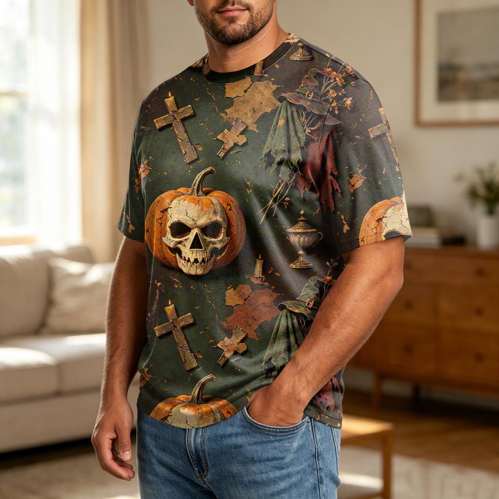 Men's Halloween Print Plus Size Comfortable Breathable Casual Loose Fit T Shirt Top Suitable for Daily Wear and Seasonal Events