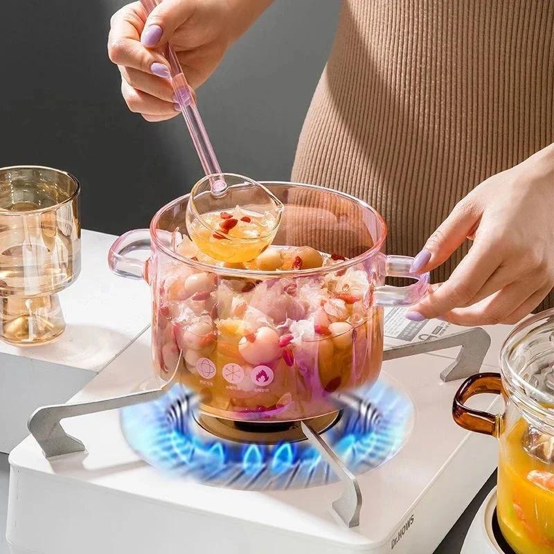 1500ml Pink Glass Binaural Pot Transparent Borosilicate Heat-resistant Soup Stock Pots Noodle Soup Bowl Kitchen Cooking Cookware