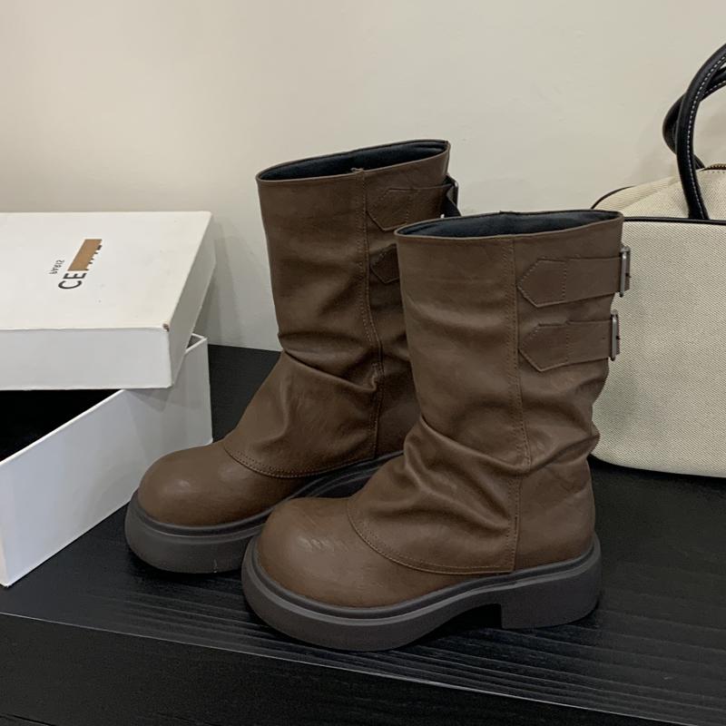 Eilyken New Fashion Splicing Buckle Strap Women Ankle Boots Punk Style Round Toe Square Low Heels Ladies Shoes 40 коричневый 6549₽