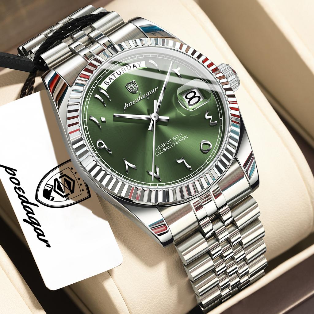 POEDAGAR Fashion High Quality Men Clock Waterproof Date Week Watch for Man Stainless Steel Luxury Quartz Watches + Box