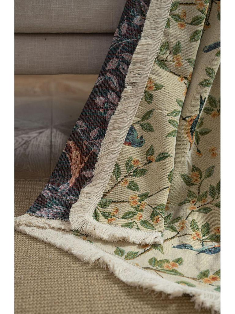 Pokrowiec żakardowy na sofę odporny na drapanie przez kota - Zielony, wzór retro kwiatowy i ptaki, świąteczny i gruby koc