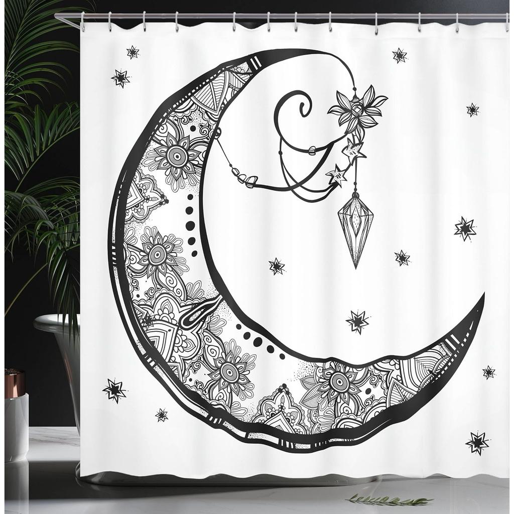 Black & White Paisley Floral Moon Shower Curtain - Crescent Gem Astrology Design, Elegant Polyester, Mystical Bath Decor