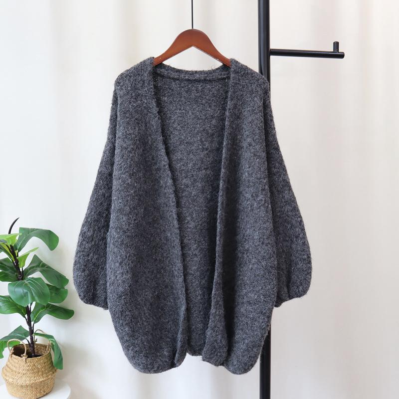 Autumn and Winter New Medium and Long Loose Lazy Wind Sweater Jacket Soft Waxy Gentle Wind Solid Color Knitted Cardigan Women