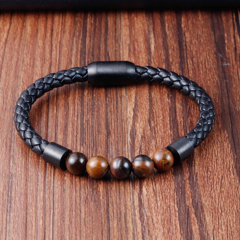 Titanium Steel Man Chakra Jewelry Wholesale Stainless Steel Men's Black Leather Volcanic Beaded Braclets Stone Leather Bracelets