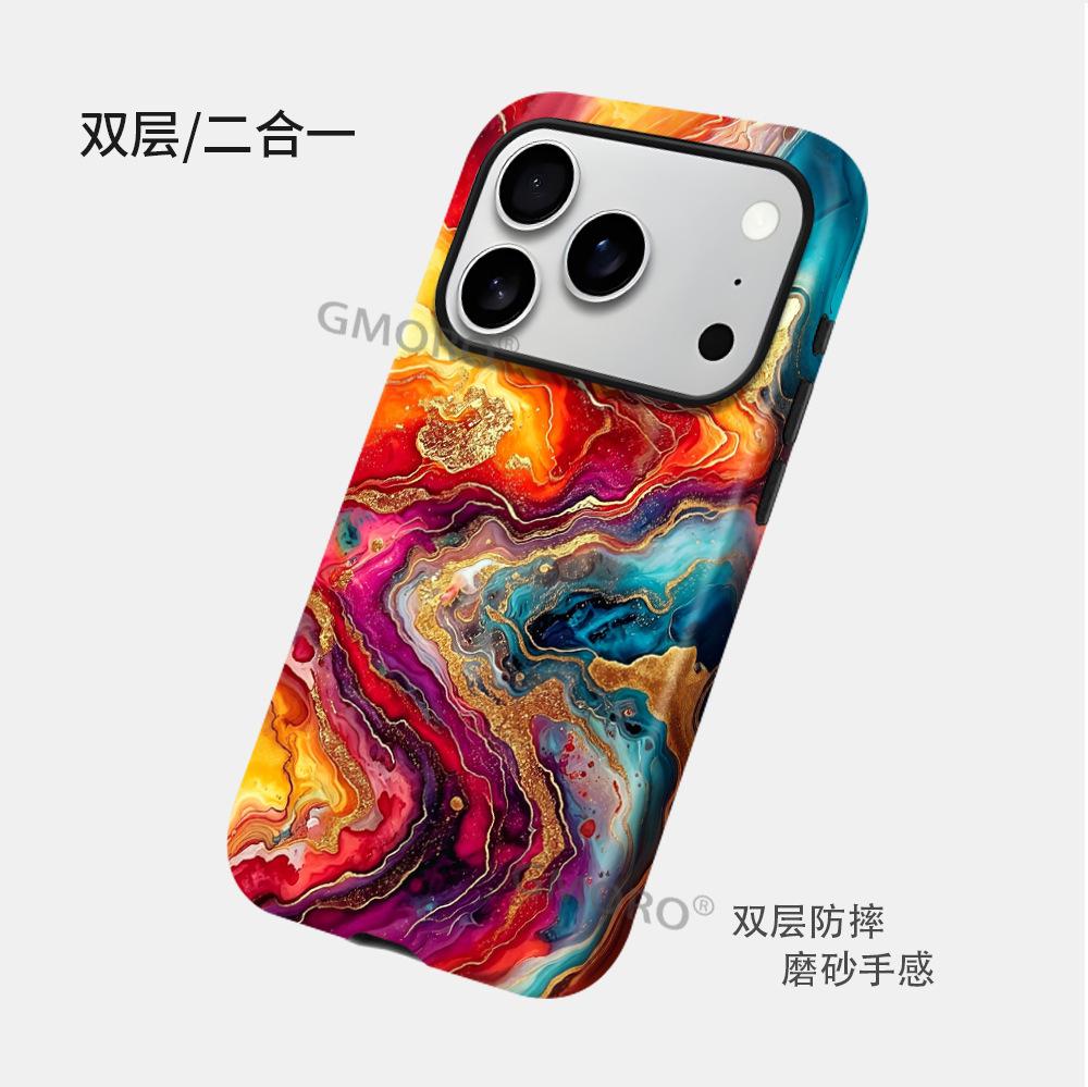 European and American Abstract Art Oil Painting Smudged Gilt Thread Apple 14 Magnetic Mobile Phone Case Film Two-in-one iPhone17