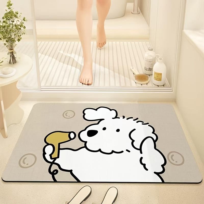 VIKAMA Cute Fluffy Dog Holding Hair Dryer Bathroom Doormat Simple Cartoon Puppy Smiley Print Water‑absorbing Non‑slip Floor Mat