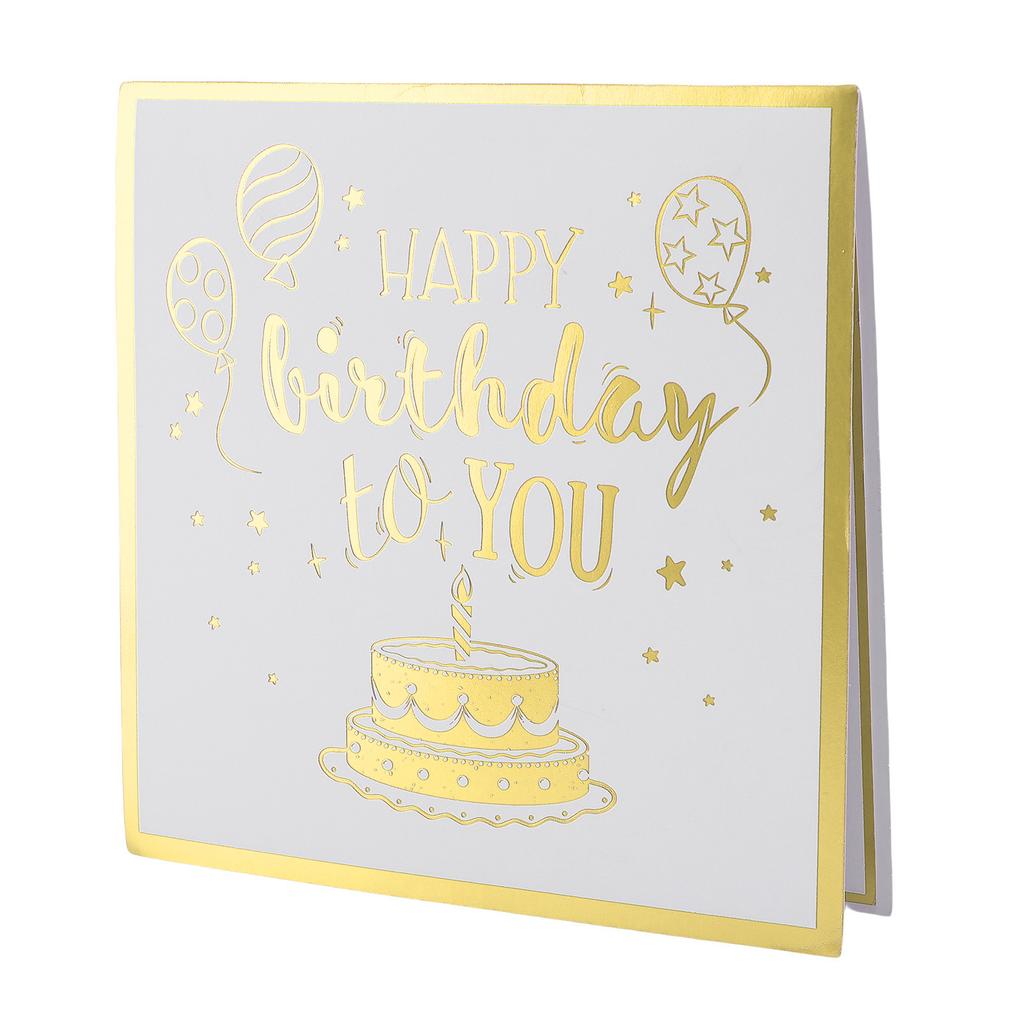 Birthday Card Cake Fireworks Stars Balloons 3D Birthday Greeting Card with Light Music Envelope for DIY Present Gold