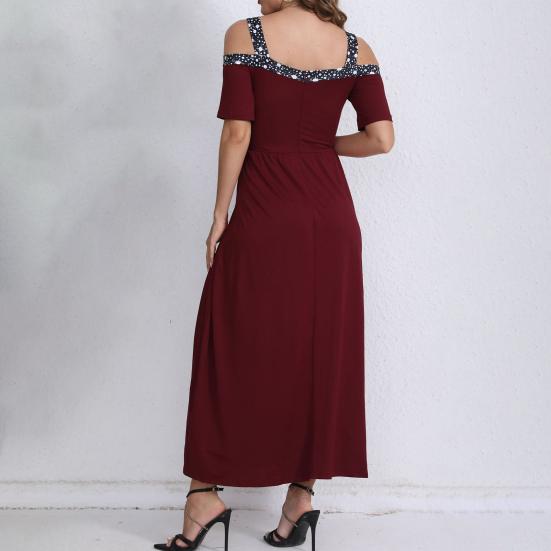Women Evening Dress Hollow Out V Neck High Split Sequin Pleated Short Sleeves Plus Size A-line Off Shoulder Ankle Length Prom Party Maxi Dress