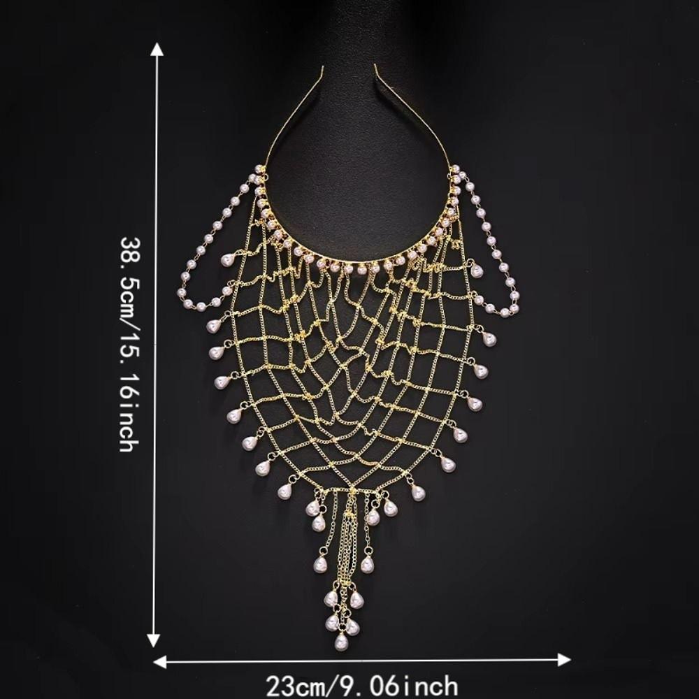 Layered Pearl Hair Chain Draped Chain Mesh Headpiece Boho Beaded Tassel Hair Net  Women