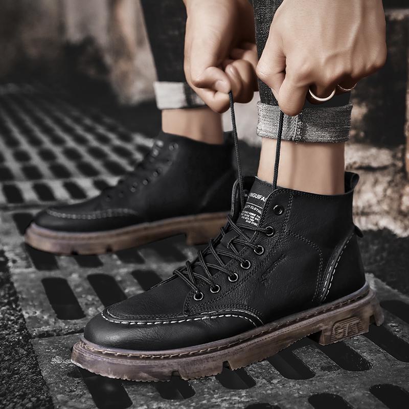 Men's 2024 Anti-Slip Soft Sole British Style Leather High-Top Boots, Work Boots, Martin Boots, Plus Velvet for Autumn and Winter.