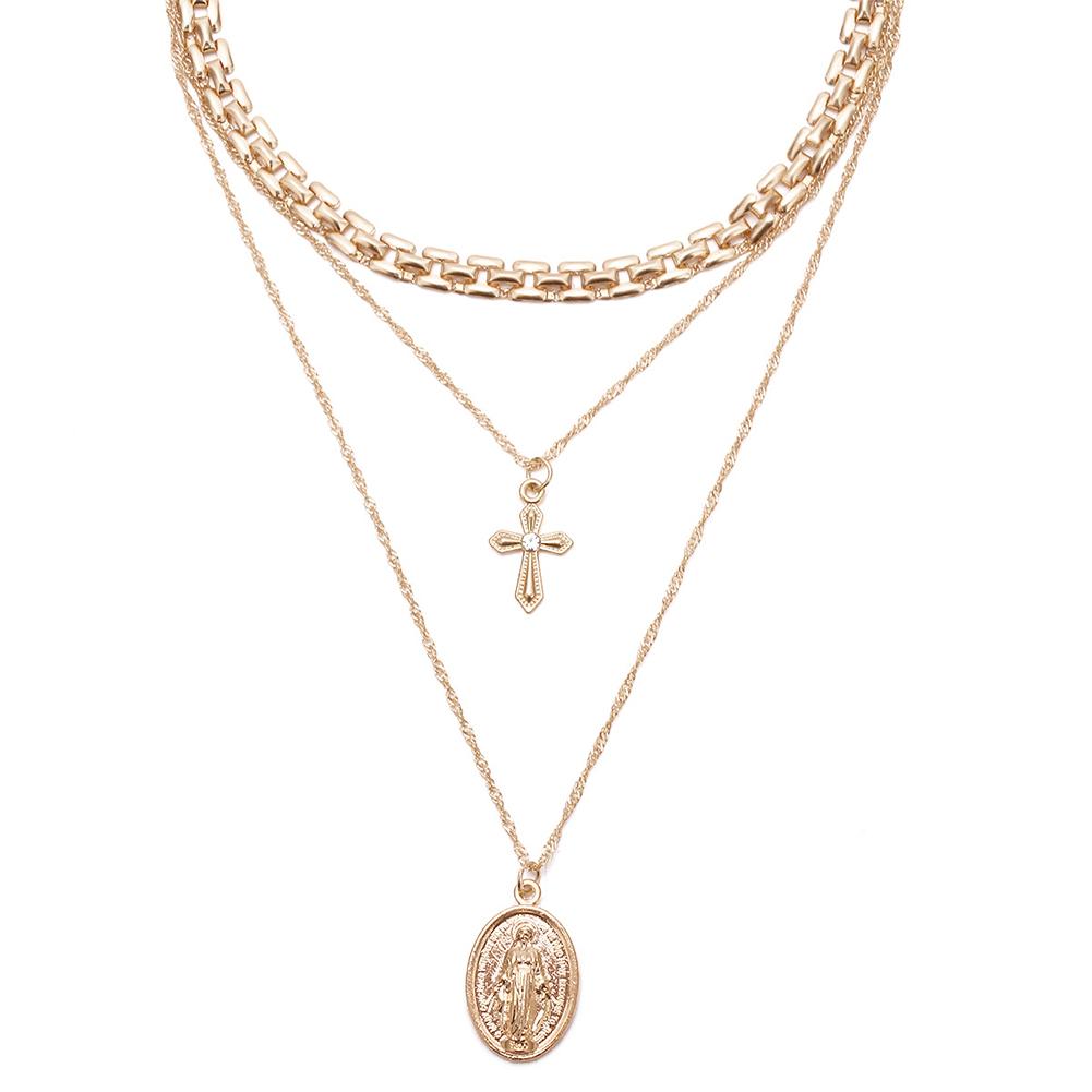 Vintage Exaggerated Personality Alloy Virgin Mary Cross Multilayered Pendent Necklace Birthday Gifts for Women, Girls, Mother
