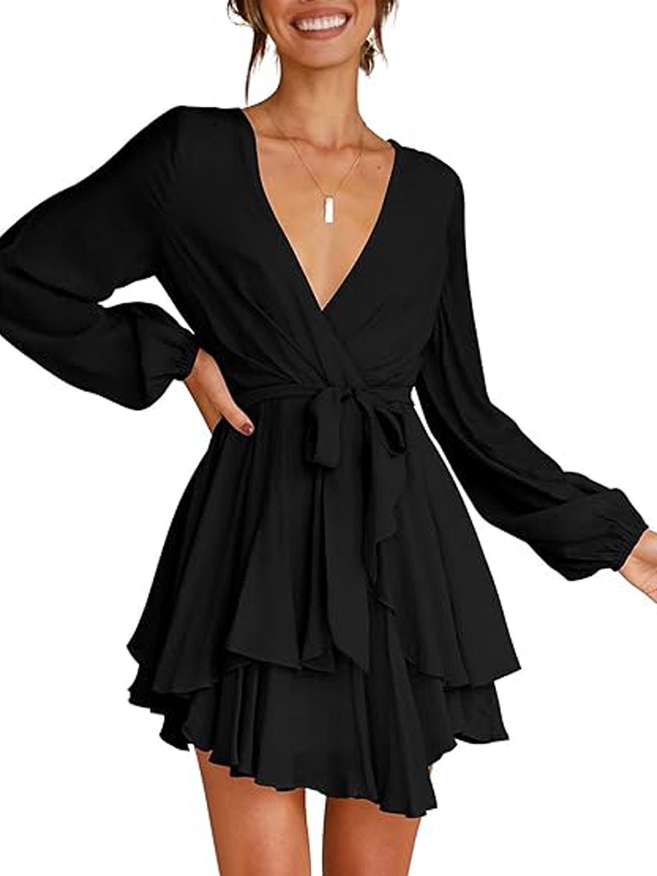 Retro Lantern Sleeve V-Neck Ruffle Dress Extra Large чёрный