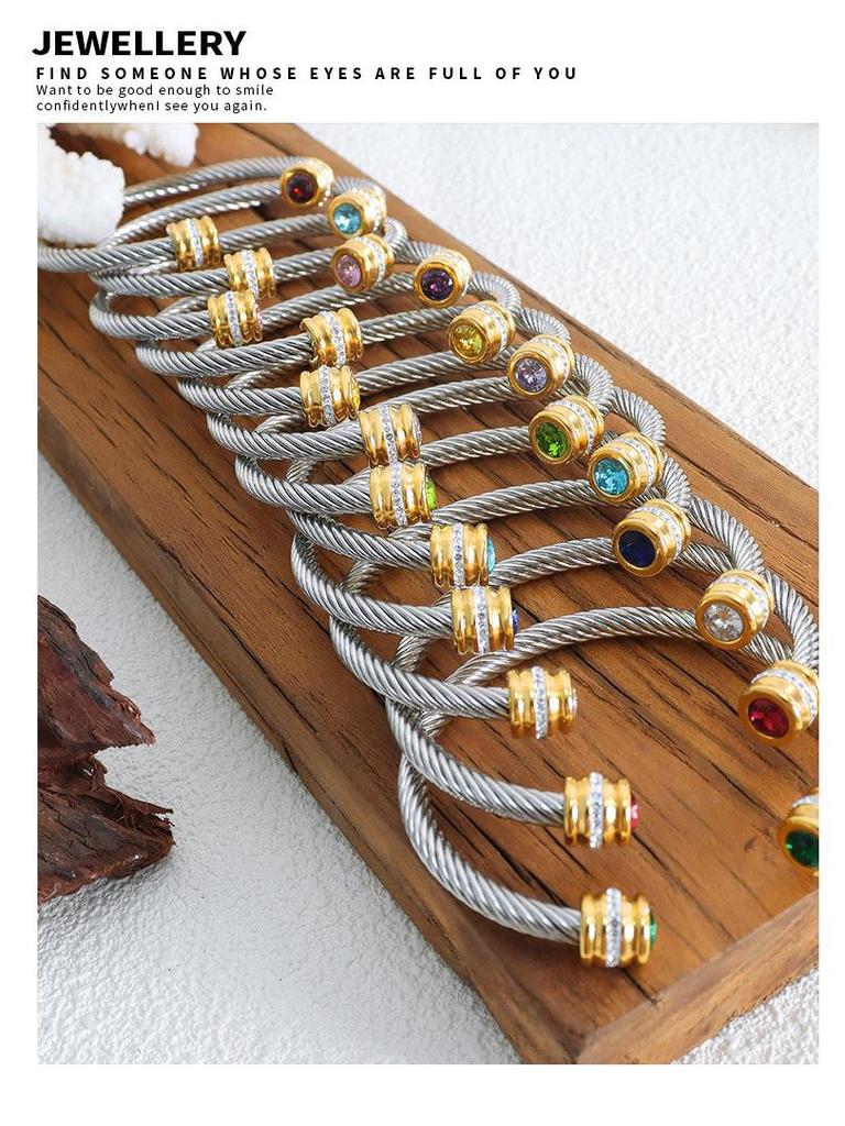 Titanium Steel Multi-Color Zirconia Open Bangle - Cross-Border Stainless Steel Hand Ornament