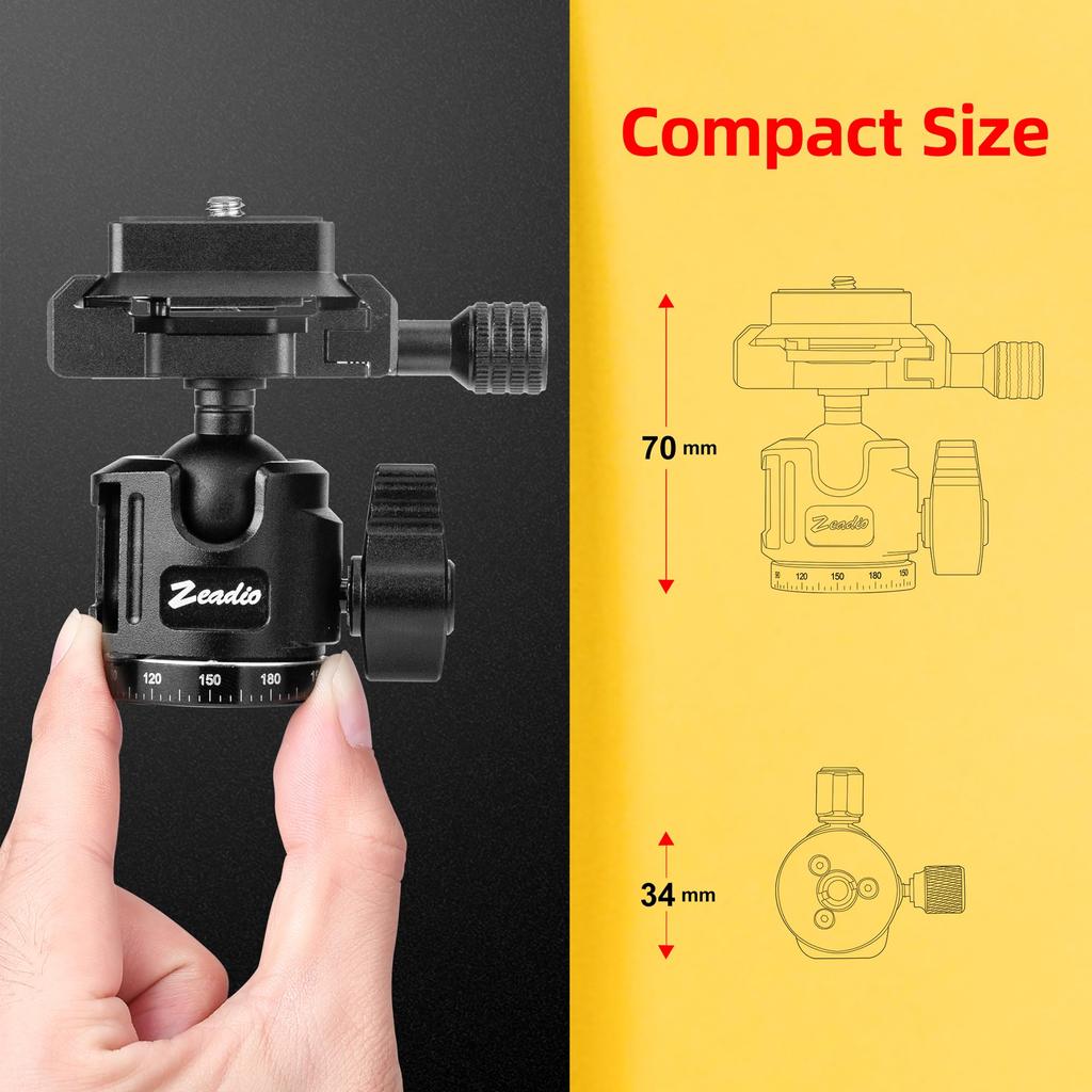 Zeadio Universal Ball Head Mount with Arca Swiss Plate 10kg Weight Panoramic Camera Compatible with Screws - Capacity, 360° Head, 1/4" & 3/8"
