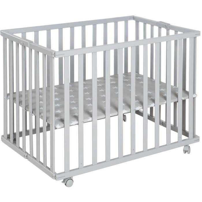 Parc bébé pliable - ROBA - LITTLE STARS - 75 x 100 cm - Hauteur réglable - 4 Roues freinées - Bois Laqué Gris Taupe - Motif Étoile