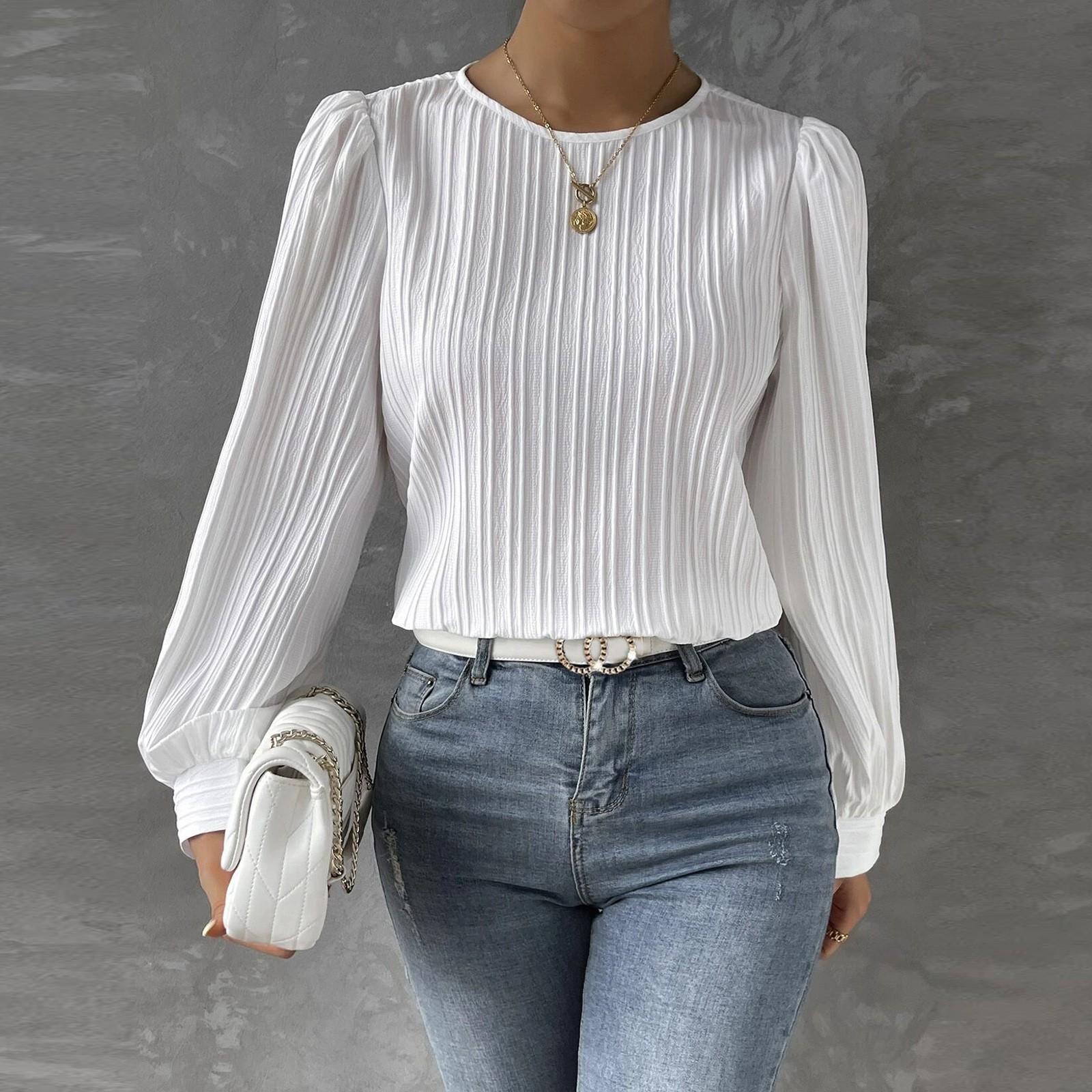 

Женская модная однотонная свободная рубашка с круглым вырезом и длинными рукавами XL белый