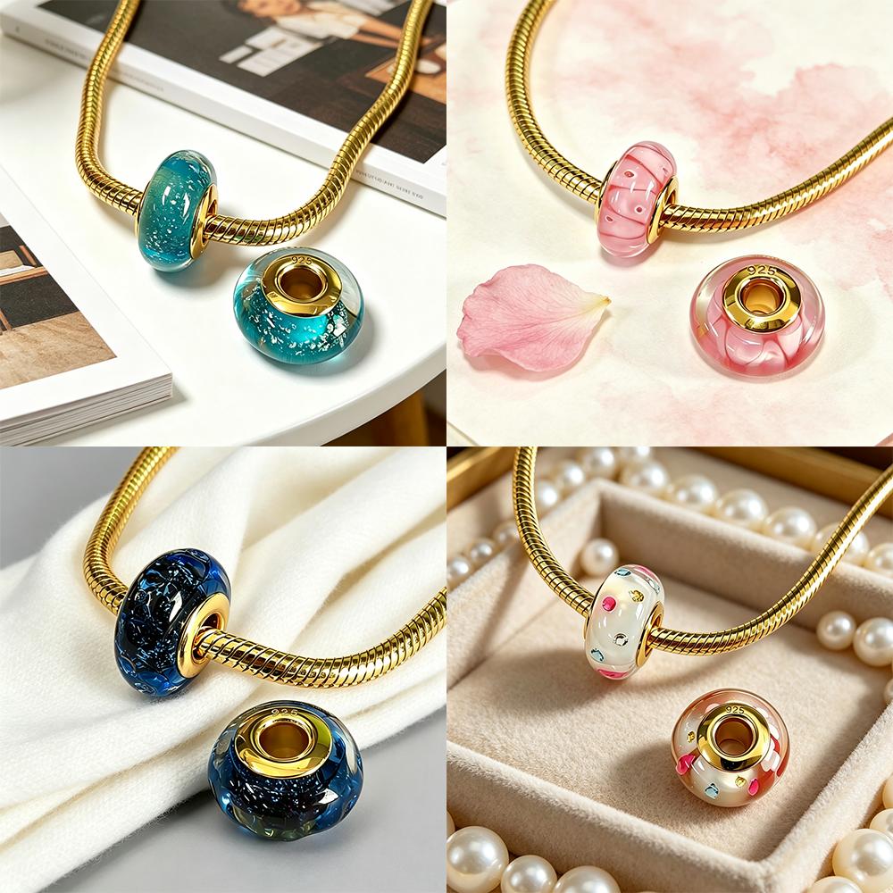 New Exquisite 925 Silver Colored Glass Beads Flowers Murano Bead Charms Fit DIY Bracelet Jewelry Fine Gift for Women