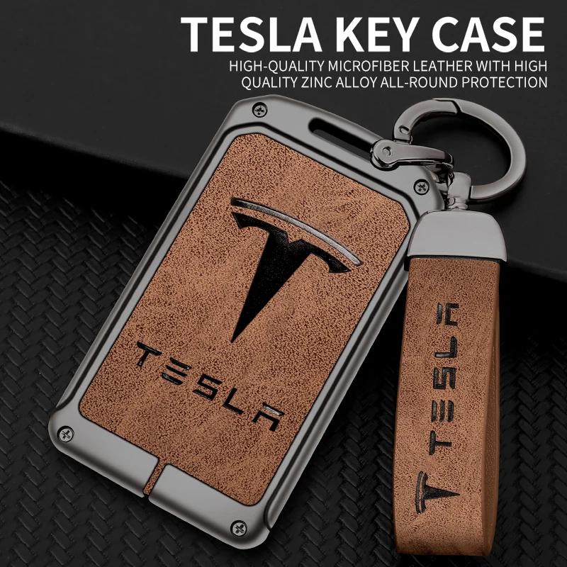 

Zinc Alloy Leather Car Remote Key Cover Protector Case Shell Fob Holder Bag For Tesla Model 3 Model Y 2020 Keychain Accessories