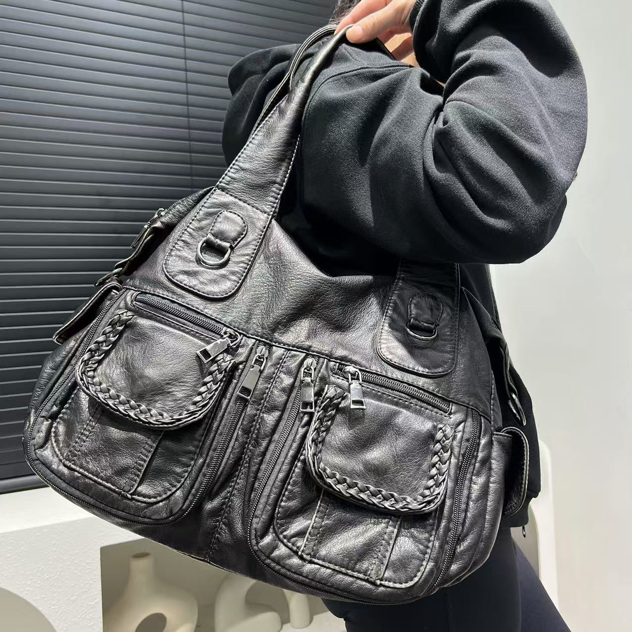 Ladies  Fashionable Spicy Girl Multi Pocket Washed Tote Bag, Large Capacity Distressed Shoulder Bag