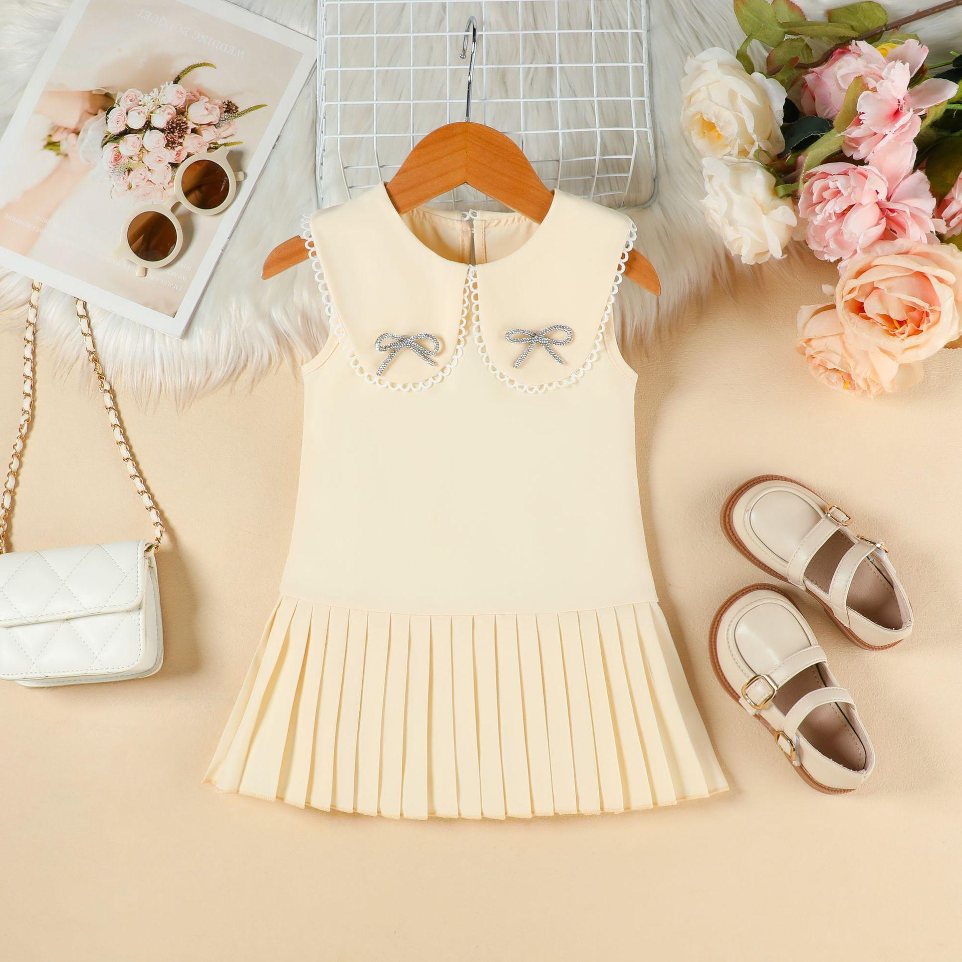 Girls  Fashion Dress: Summer Children s Sweet Polo-Neck Pleated Bow Tank Dress 100cm