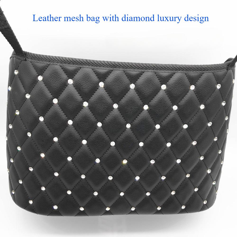 

Car storage bag between two seats, car mounted diamond inlaid hanging multifunctional storage bag, storage mesh pocket