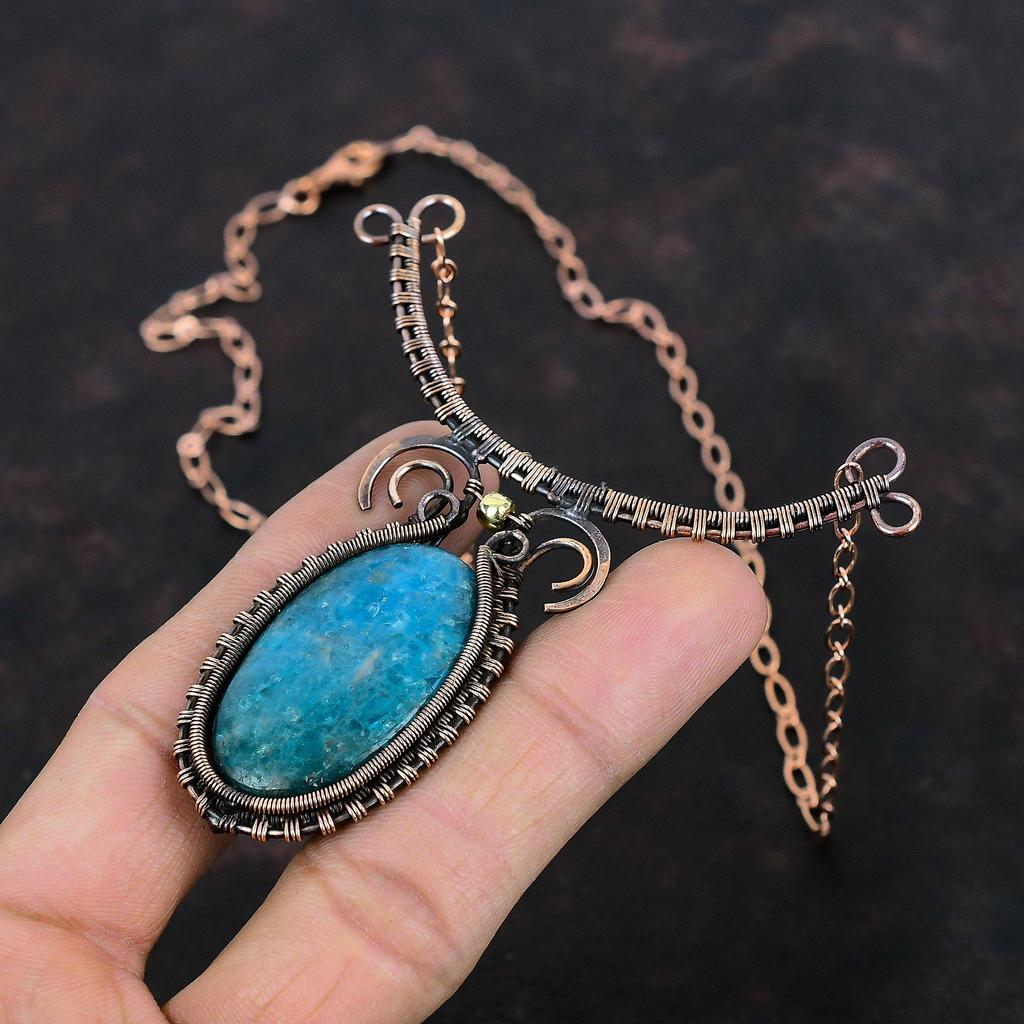 Neon Apatite Necklace Copper Wire Wrapped Necklace Adjustable Chain Necklace Copper Jewelry Handmade Natural Gemstone Necklace Gifts For Mom