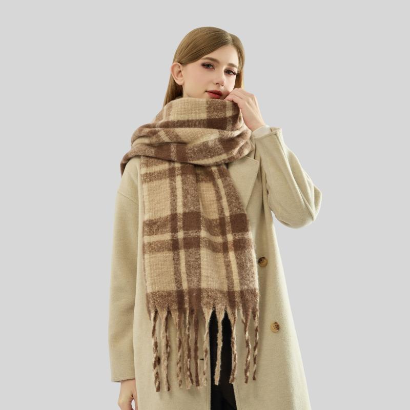 Autumn and winter new mohair plaid scarf women's thickened high-end imitation cashmere scarf atmosphere warm scarf