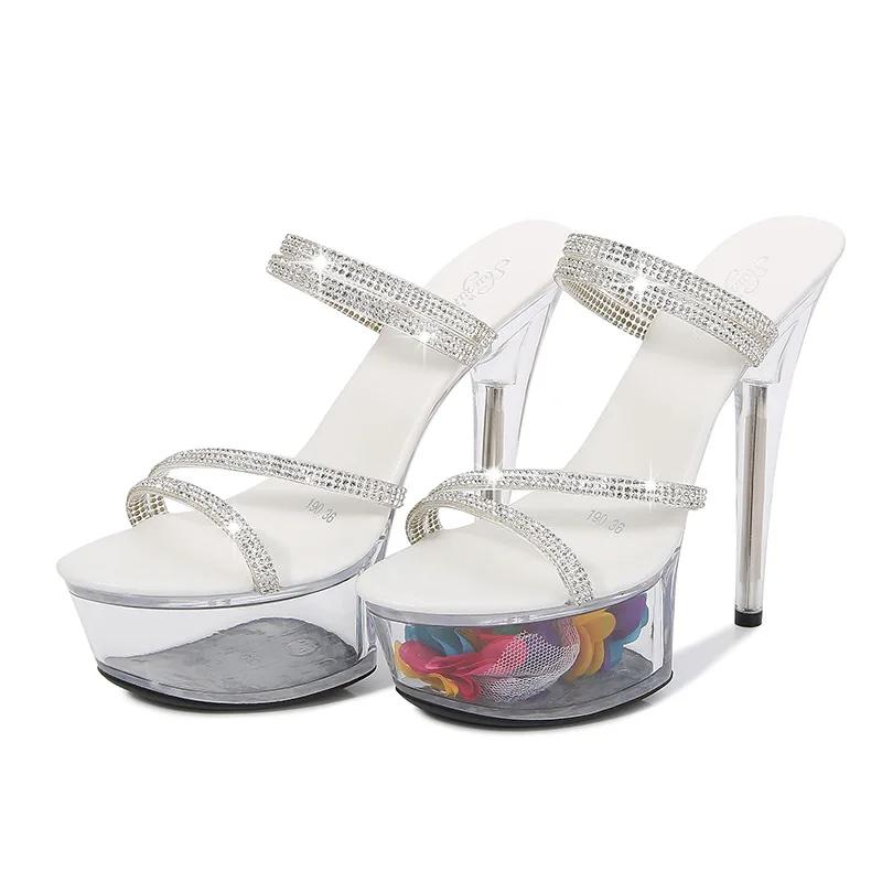 Fashion 34-43 size sexy high heels 13CM15CM thin heel waterproof platform sandals transparent crystal shoes wedding shoes women slippers