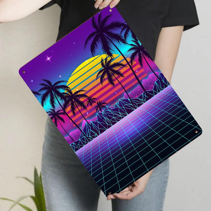 Vintage Geometric Sunset Coconut Tree Metal Tin Sign Home Decor Wall Art