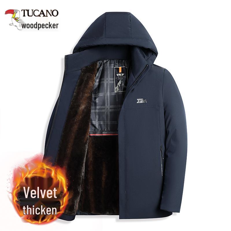 Woodpecker Men s Fleece-Lined Winter Parka: Stand-Up Collar, Detachable Hood, Cotton-Padded, Windproof, Warm Jacket for Middle-Aged and Elderly. 5XL for 160-180 kg