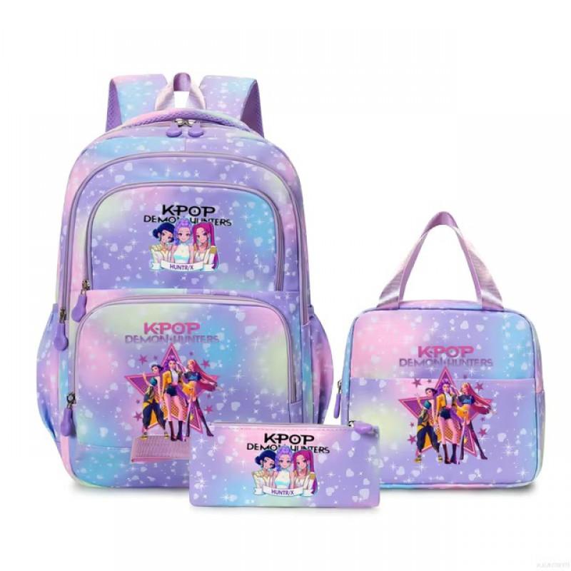 K-Pop Inspired Cartoon School Backpack Set Teen Girls 3pcs Lunch Bag Main Pencil Case Arc Shoulder Straps British Style
