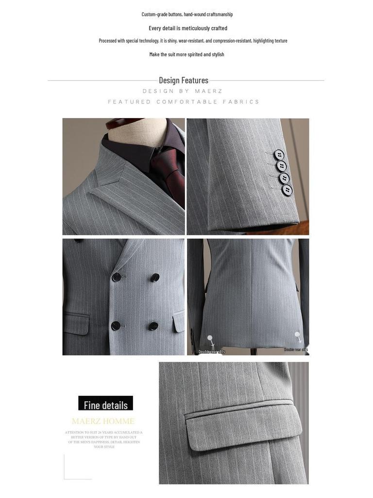 Men's High-End Double-Breasted Striped Slim-Fit Wedding & Business Suit Set