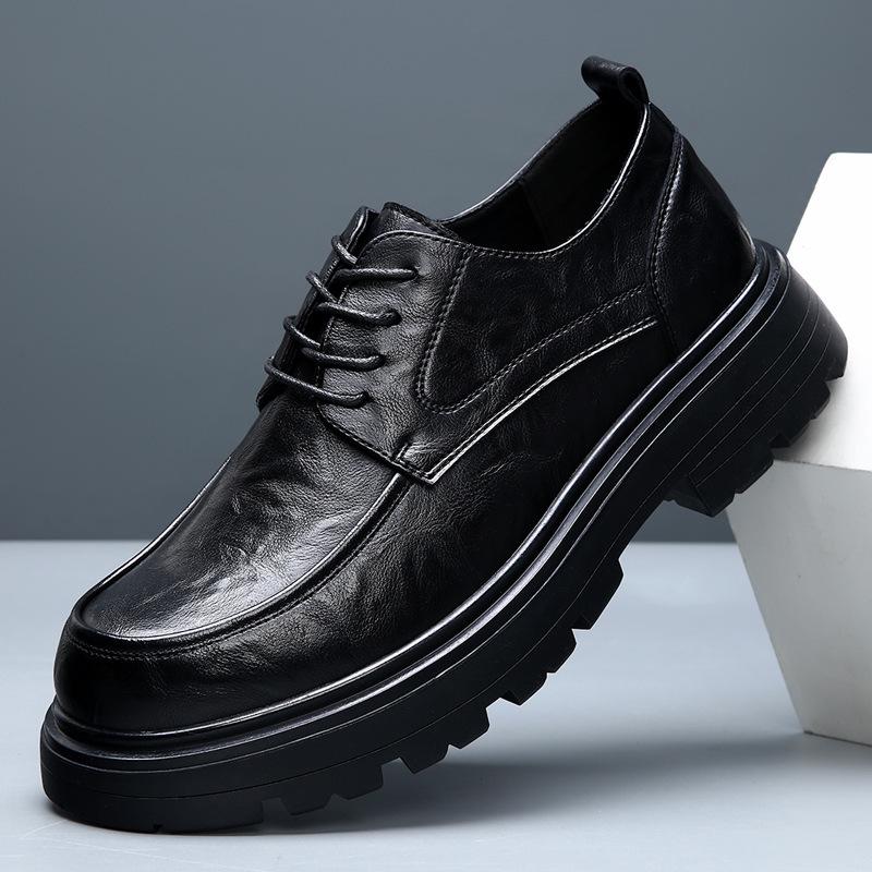 2025 Spring New Men's Shoes Leather High-end Black Heightening Leather Shoes British Breathable Business Dress Big Head Shoes