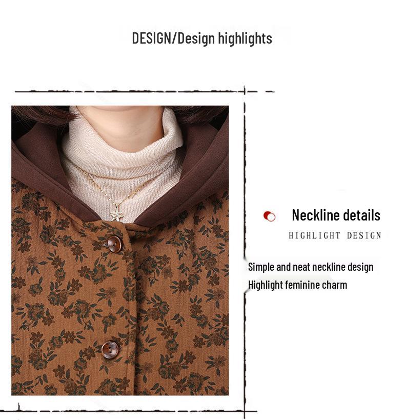 2024 Women's Retro Print Cotton Jacket - Winter Style, Plus Size, Loose Fit, for Middle-Aged and Elderly Moms