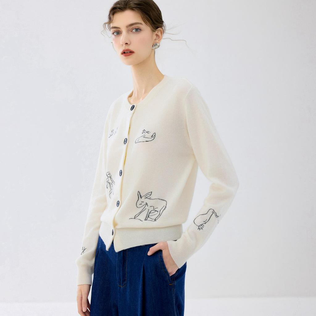 Lekasha Women's Cashmere Goat Wool Embroidered Cardigan - Loose Knitwear for Autumn/Winter