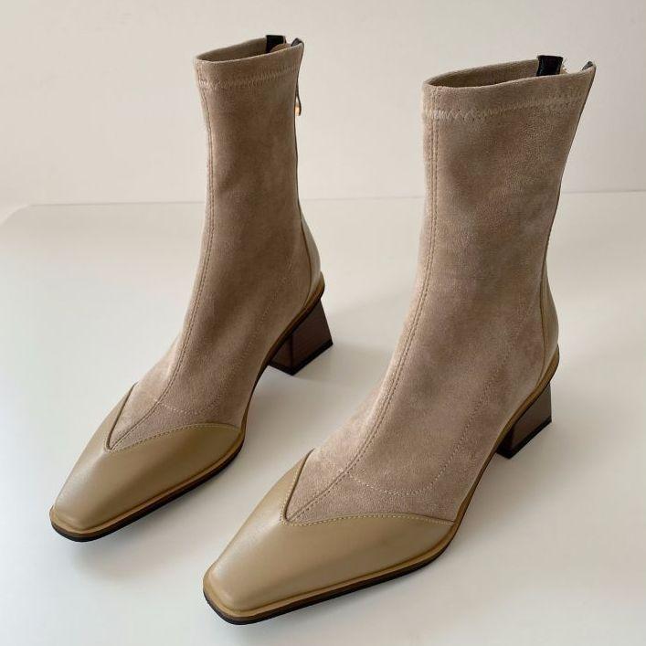 

2025 autumn and winter new Korean version khaki medium heel square head short boots versatile elastic thin boots women s single boots 40