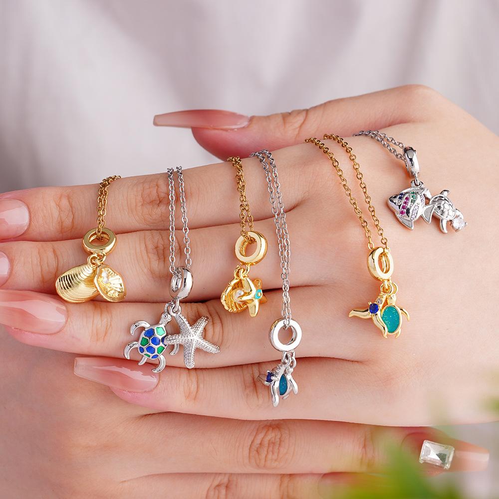 Sweet Cute Zircon Fish Shell Turtle Charms Necklaces for Women Girls Stainless Steel Chain Fashion Jewelry Accessories Gifts