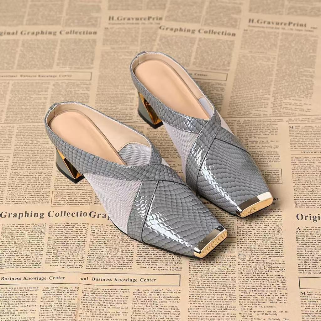 New Bag Head Half Slippers Women's Summer New Fashion Iron Head Thick Heel Comfortable Versatile High Heel Outside Sandals