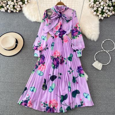 Runway Designer Frühling Blumendruck Chiffon Plissee Kleid Frauen Elegante Schleife Kragen Langarm Maxi Urlaub Strand Kleider