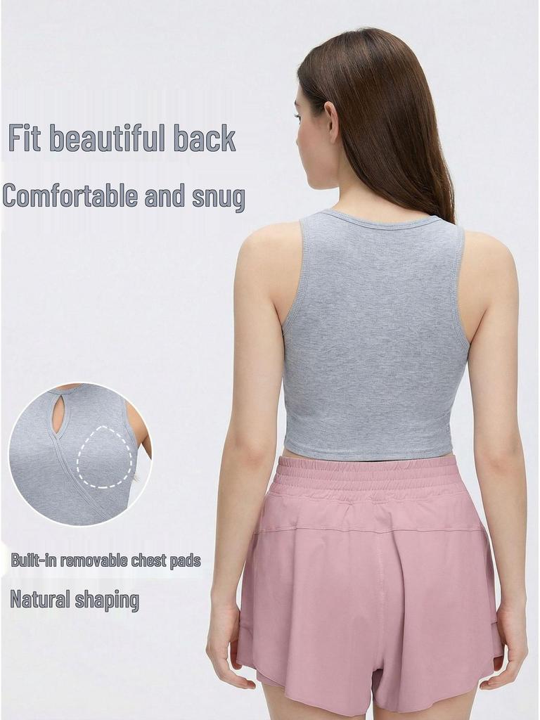 Women's Skin-friendly Modal Sports Vest, Summer Fitness, Round Neck, Hollow Out, Chest Pads, Sleeveless Yoga Top.