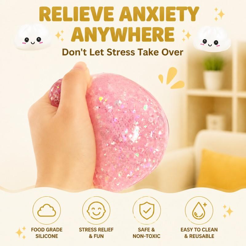 Glittrande Vattendroppe Dumpling Squishy-leksak med Sött Ansikte & Mini Ångkorg, Mjuk TPR Stresslindrande Klämleksak