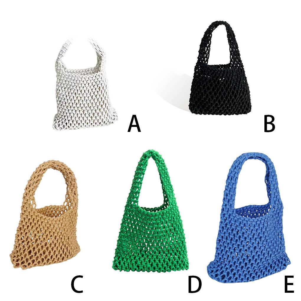 Women Woven Bucket Bag Mesh Hollow Bags with Leather Bottom Organizer Container Handbag for Summer Outdoor Picnic Shopping