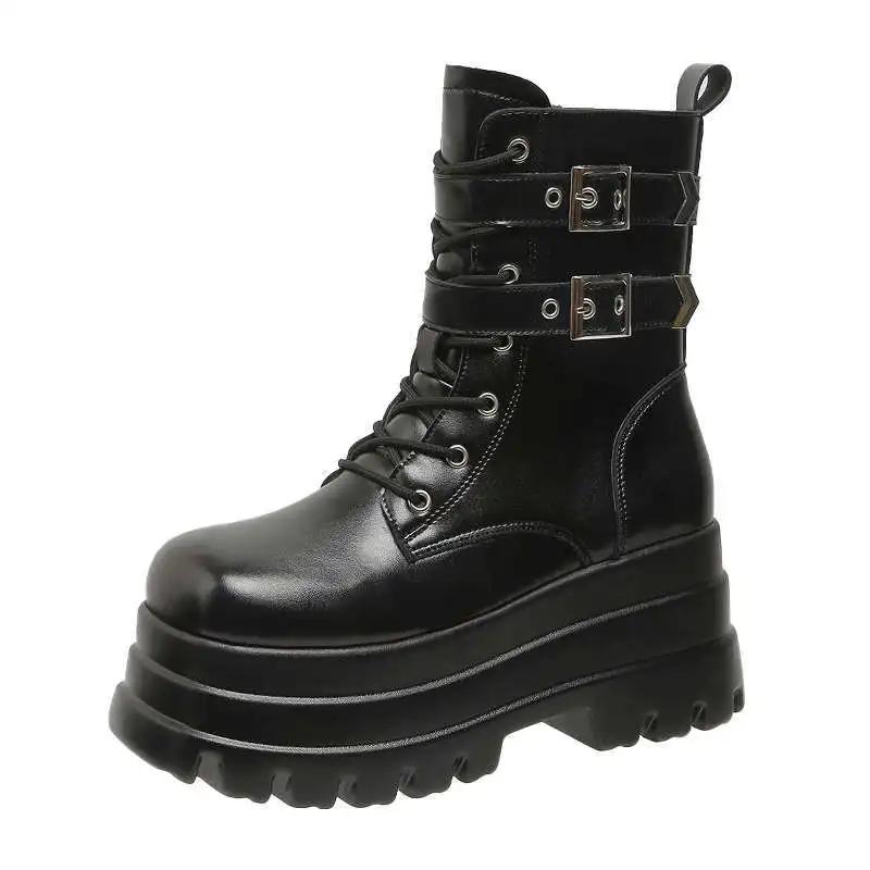 Punk Style Women Shoes Lace-up heel height 9CM Platform Shoes Woman Gothic Ankle Rock Boots Metal Decor Woman Sneakers