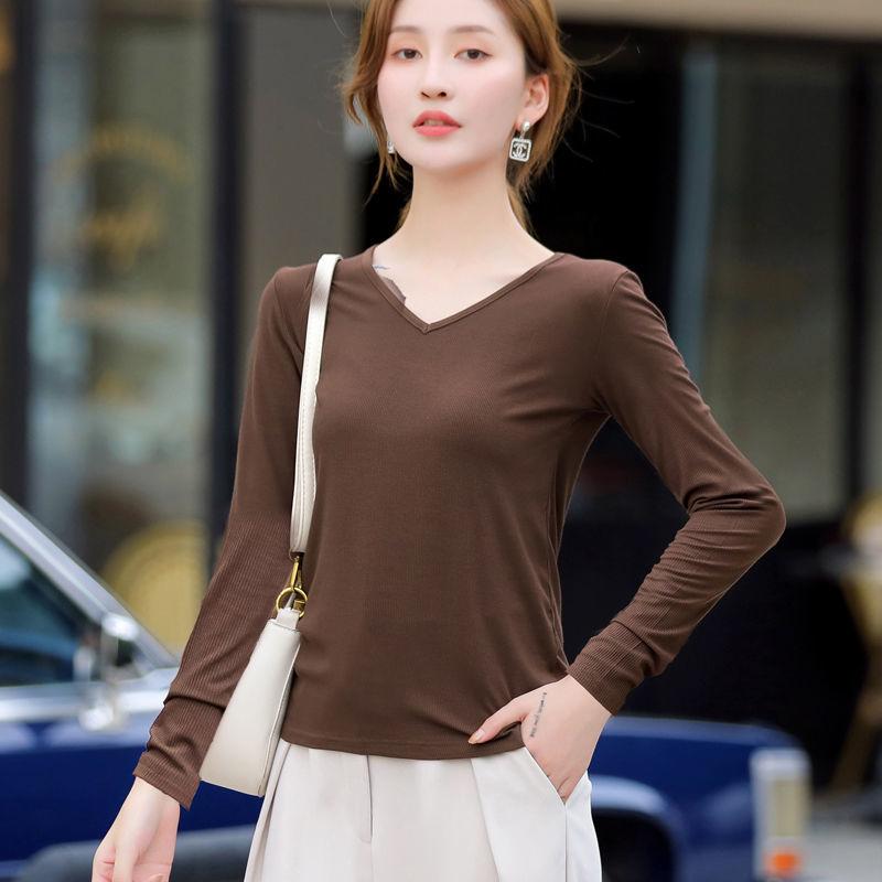Spring Autumn Women Solid Basic Bottoming T-shirt Female Clothing Fashion Casual Modal Knitted V-Neck Versatile Long Sleeve Top
