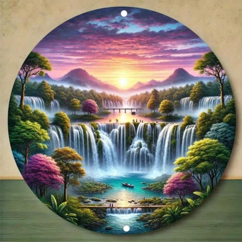 Vintage Metal Wall Art Round Tin Sign Fantasy Waterfall Decor Home Bar Gift