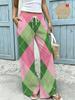 Pink-green checkered women's plus-size wide-leg pants, drawstring elastic waist pants, straight-leg version