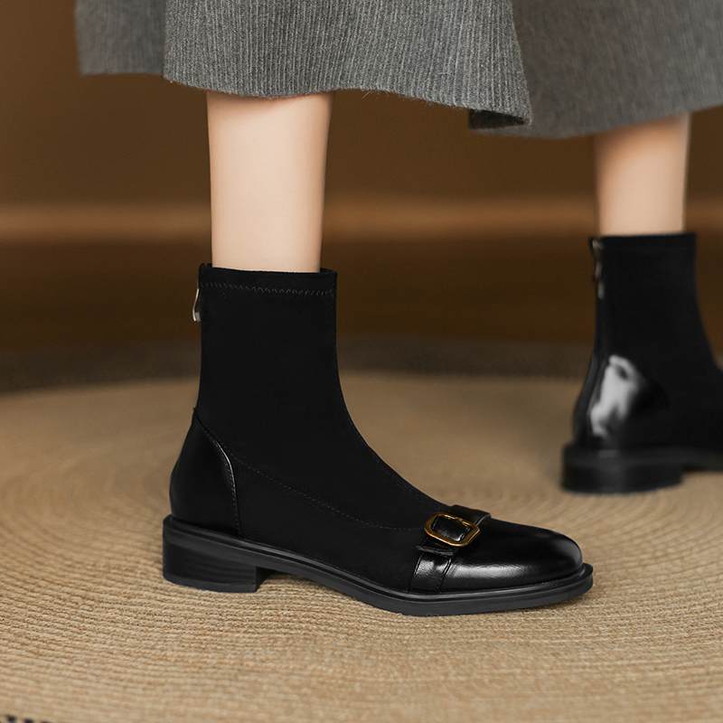 Krazing Po Microfiber Flock Winter Round Toe Size 33 Chelsea Boots Size 43 Zipper Metal Buckle Low Heels Ankle Boots